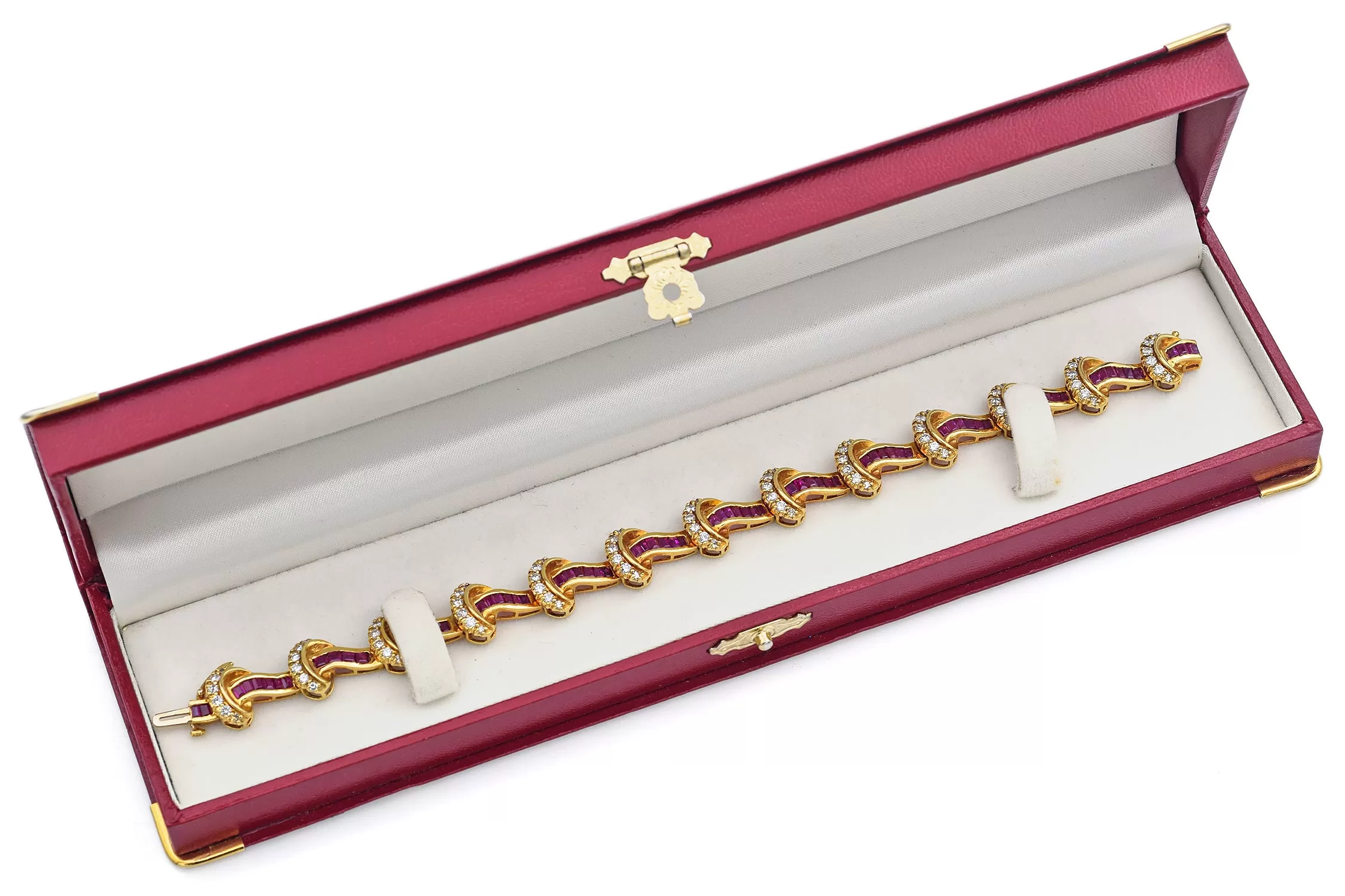 Estate 18K Yellow Gold Ruby & 2.08 TCW Diamond Tennis Bracelet   Box