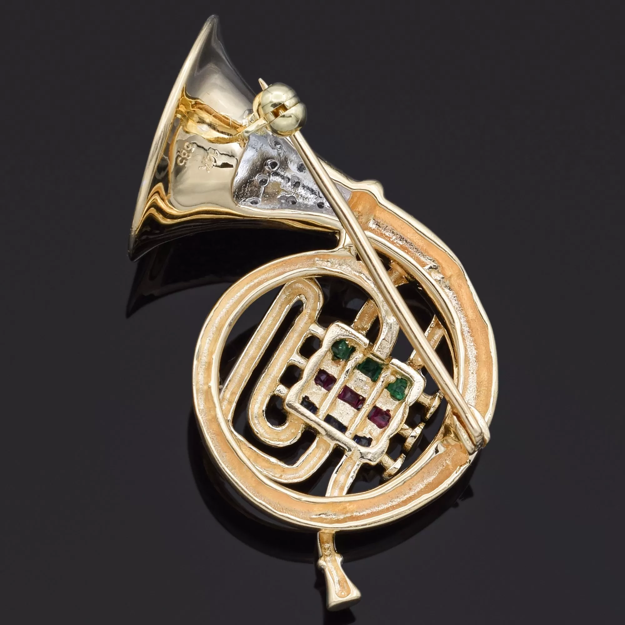 Estate Multi-Stone and 0.23 TCW Diamond 14K Yellow Gold French Horn Brooch Pin