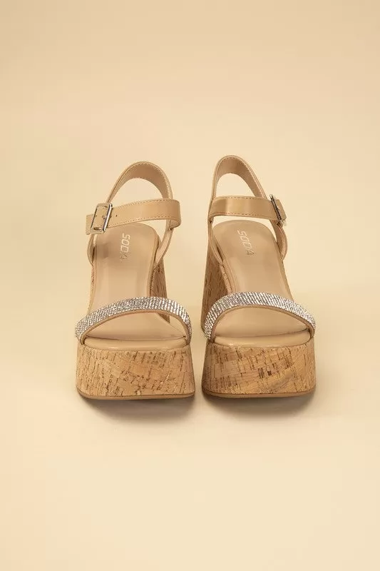 FRAYA CORK RHINESTONE STRAP SANDALS