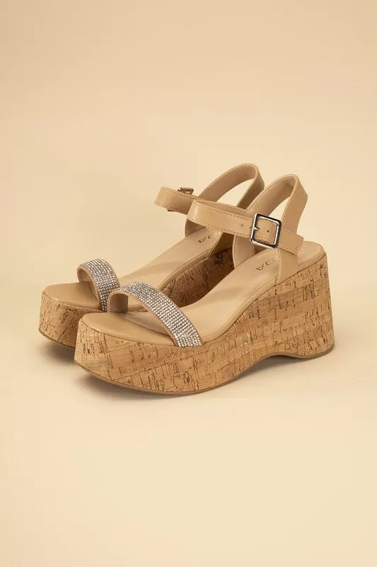 FRAYA CORK RHINESTONE STRAP SANDALS