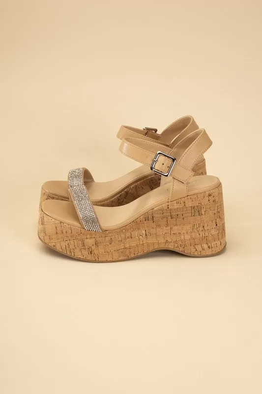 FRAYA CORK RHINESTONE STRAP SANDALS