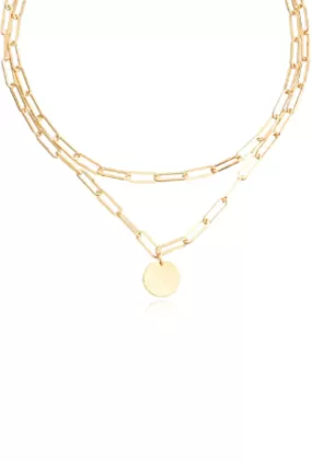 Gold Double Paperclip Chain Necklace with round accent