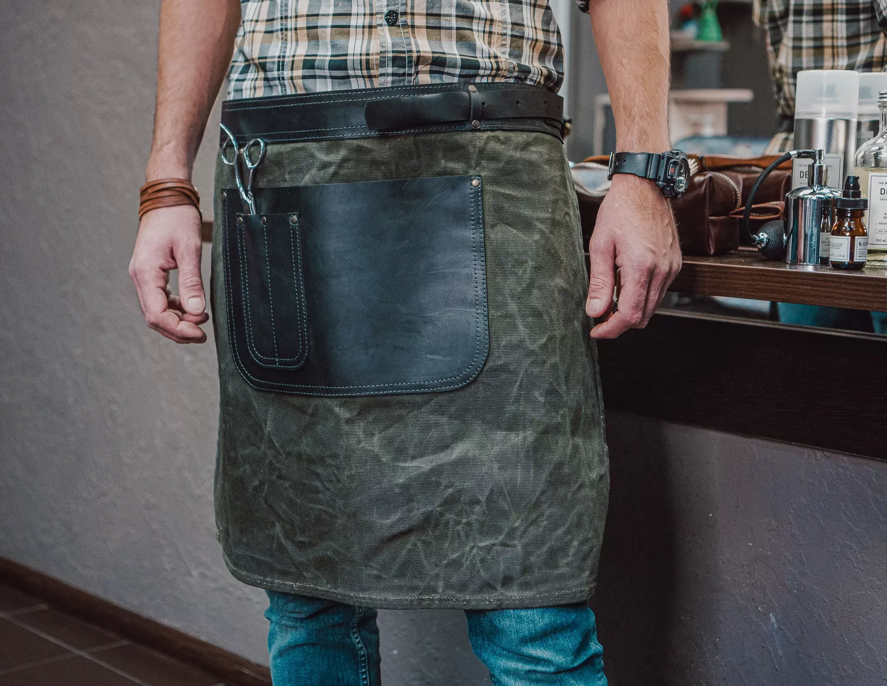 Half Waist Apron | Leather and Waxed Canvas | Handmade