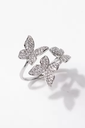 Juliette Butterfly Rhinestone Adjustable Ring - Silver