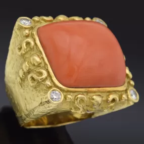 Katy Briscoe 18K Yellow Gold Red Coral & 0.56 TCW Diamond Cocktail Ring