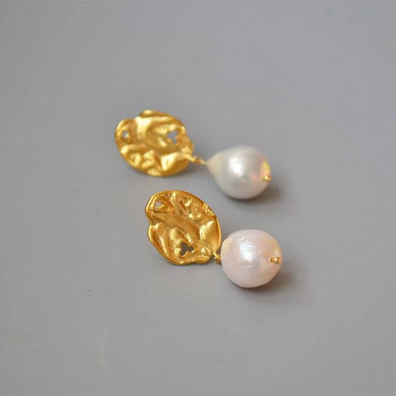 Leaf gold baroque pearl earrings