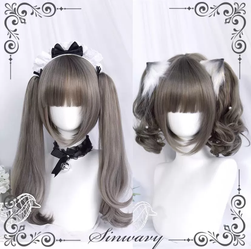 Lolita lovely linen grey detachable tiger mouth clip double horsetail wig BY5003