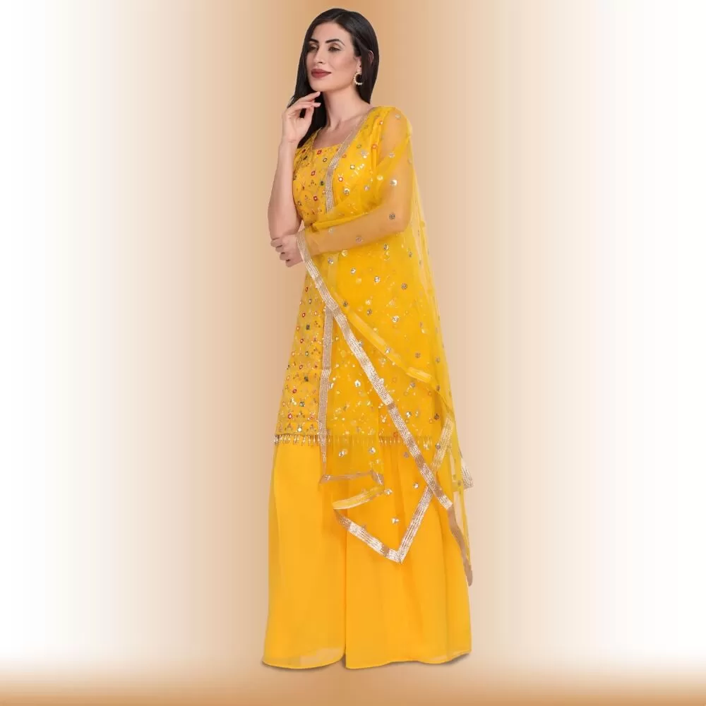 Palazzo dress with  Resham Embroidery - Yellow