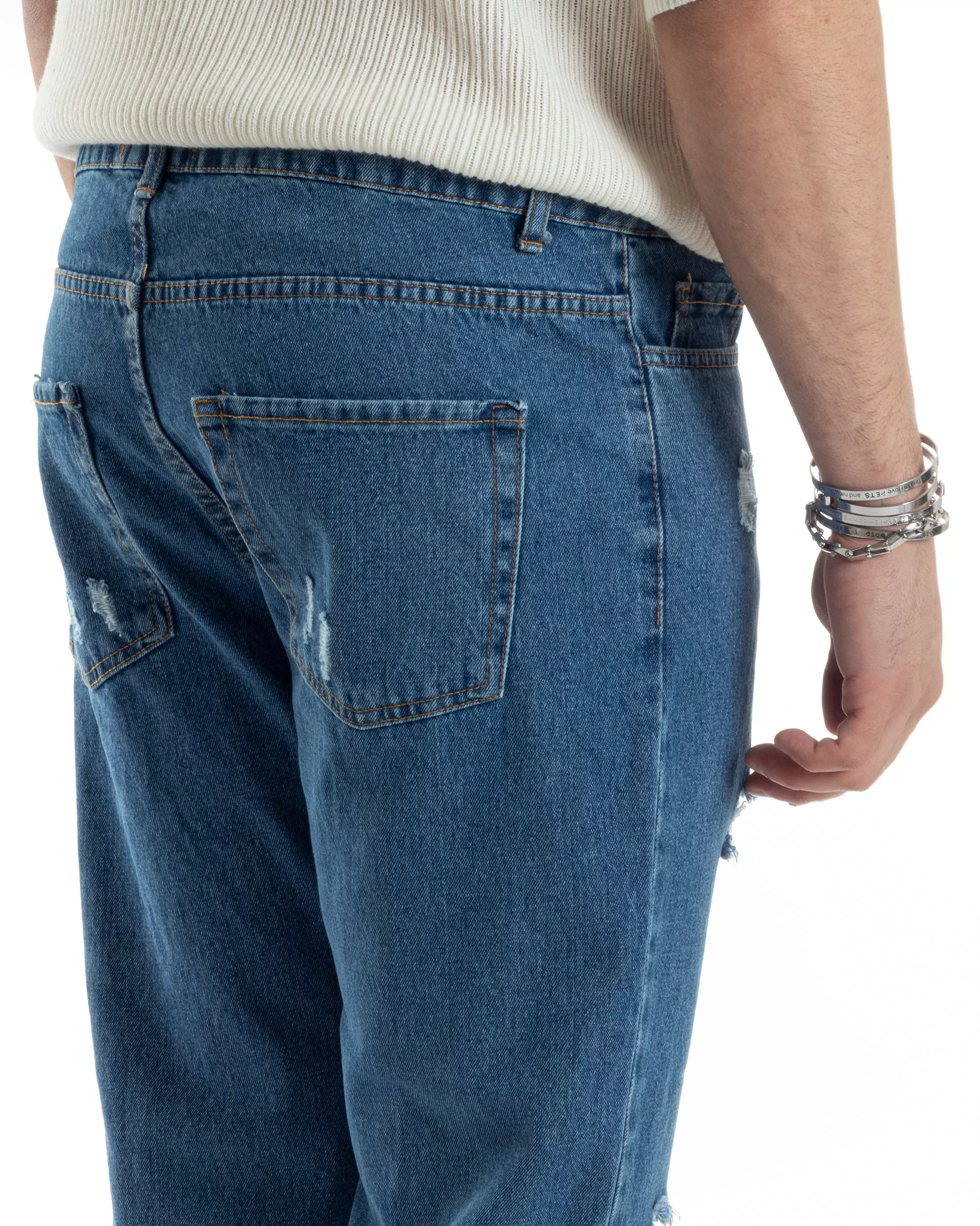 Pantaloni Jeans Uomo Straight Fit Denim Scuro Con Strappi Cinque Tasche Casual GIOSAL-JS1008A