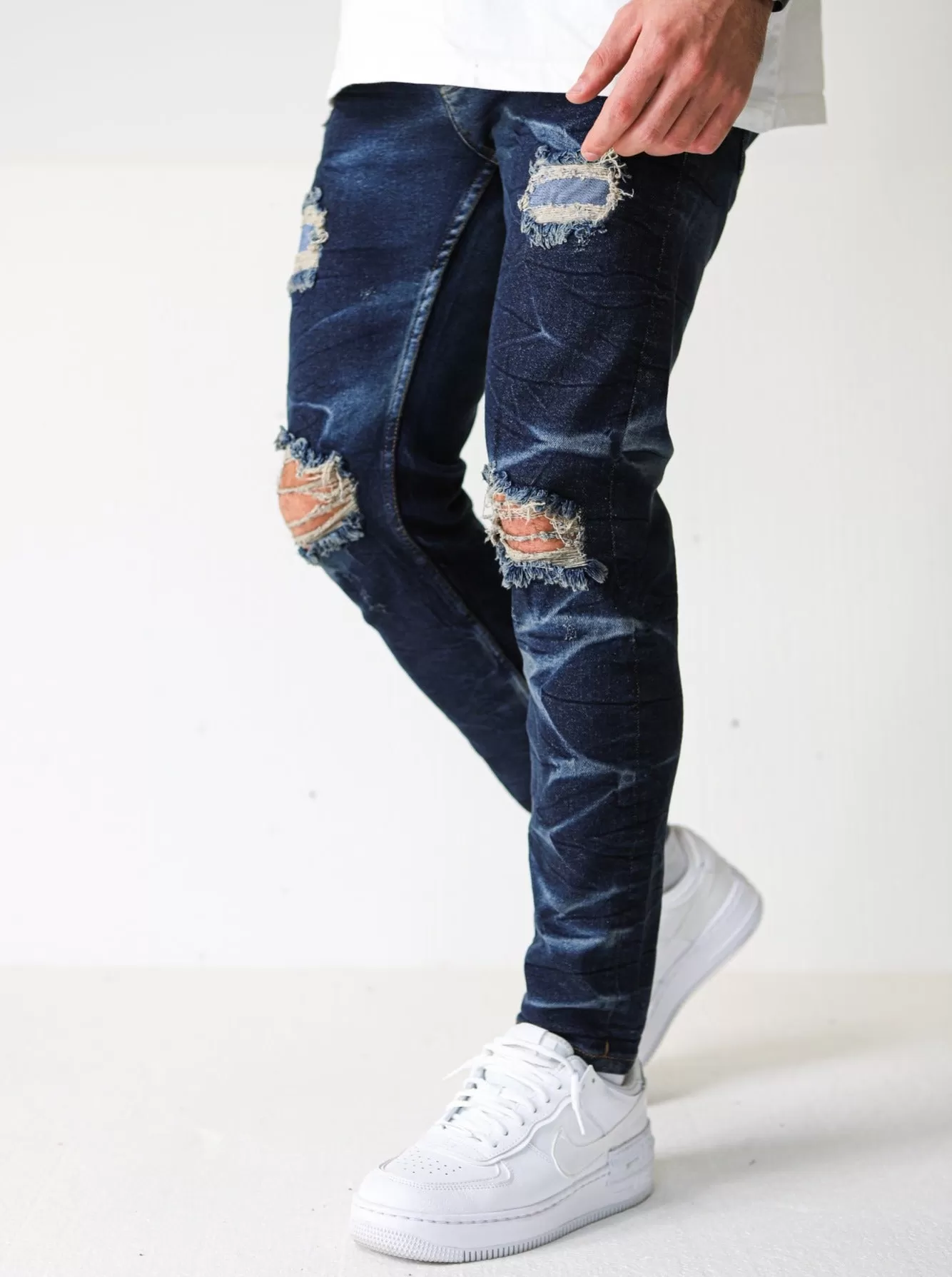 Premium Dark Blue Destroyed Wave Jeans