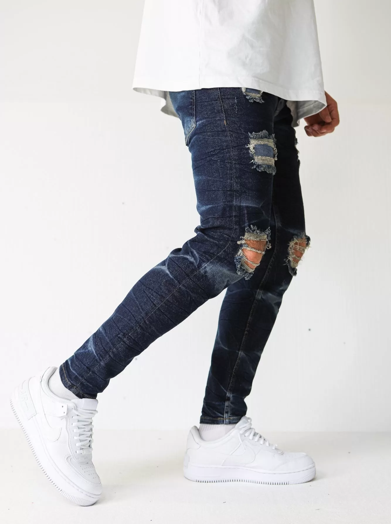 Premium Dark Blue Destroyed Wave Jeans