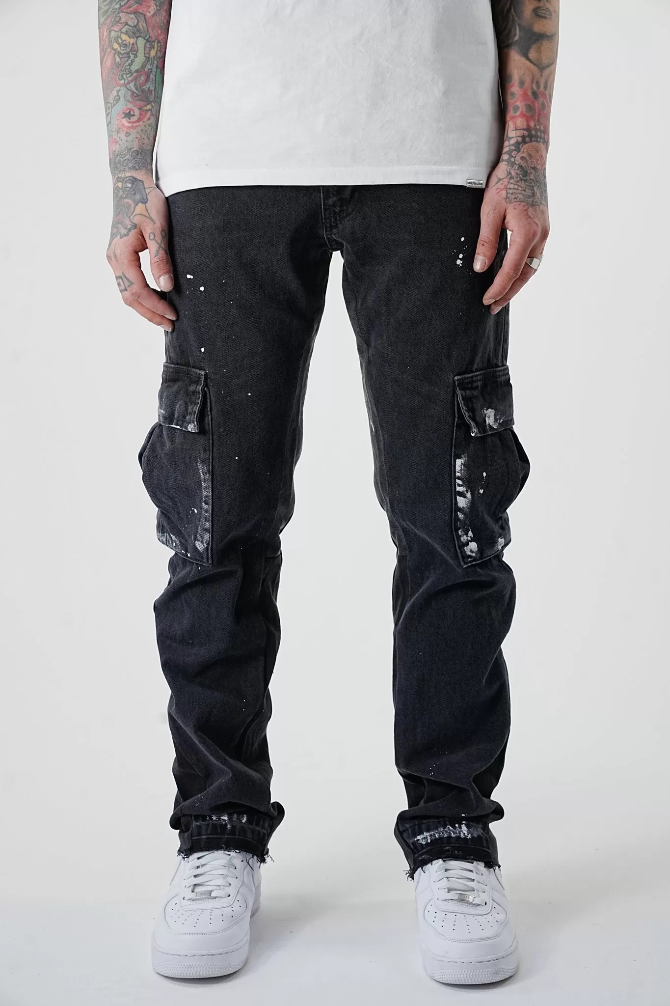 Premium Flared Painted Black Cargo Jeans