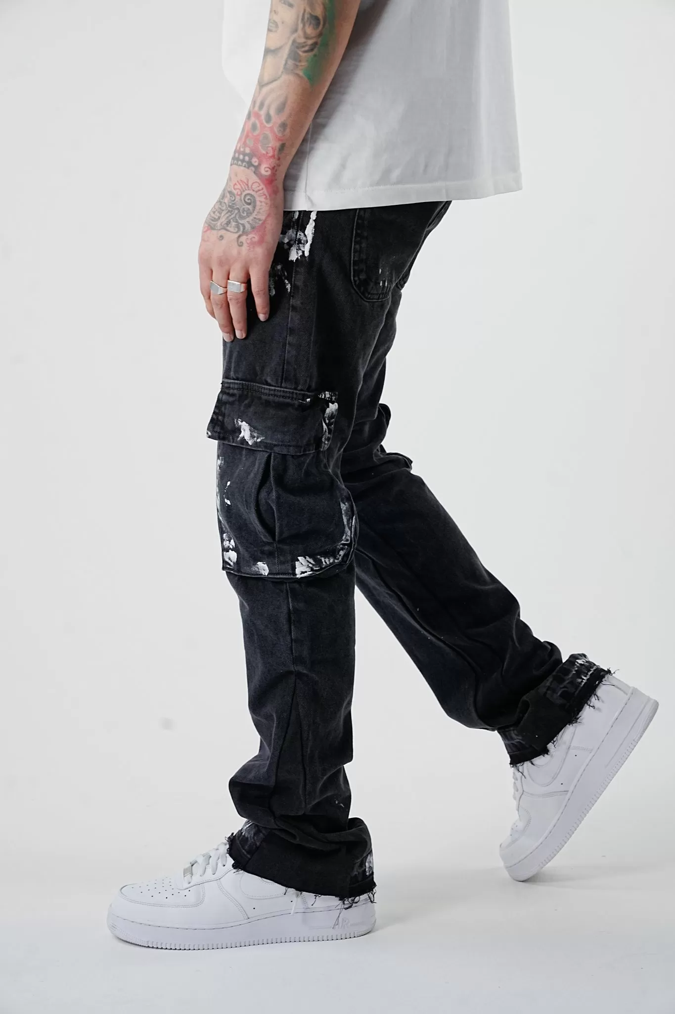 Premium Flared Painted Black Cargo Jeans