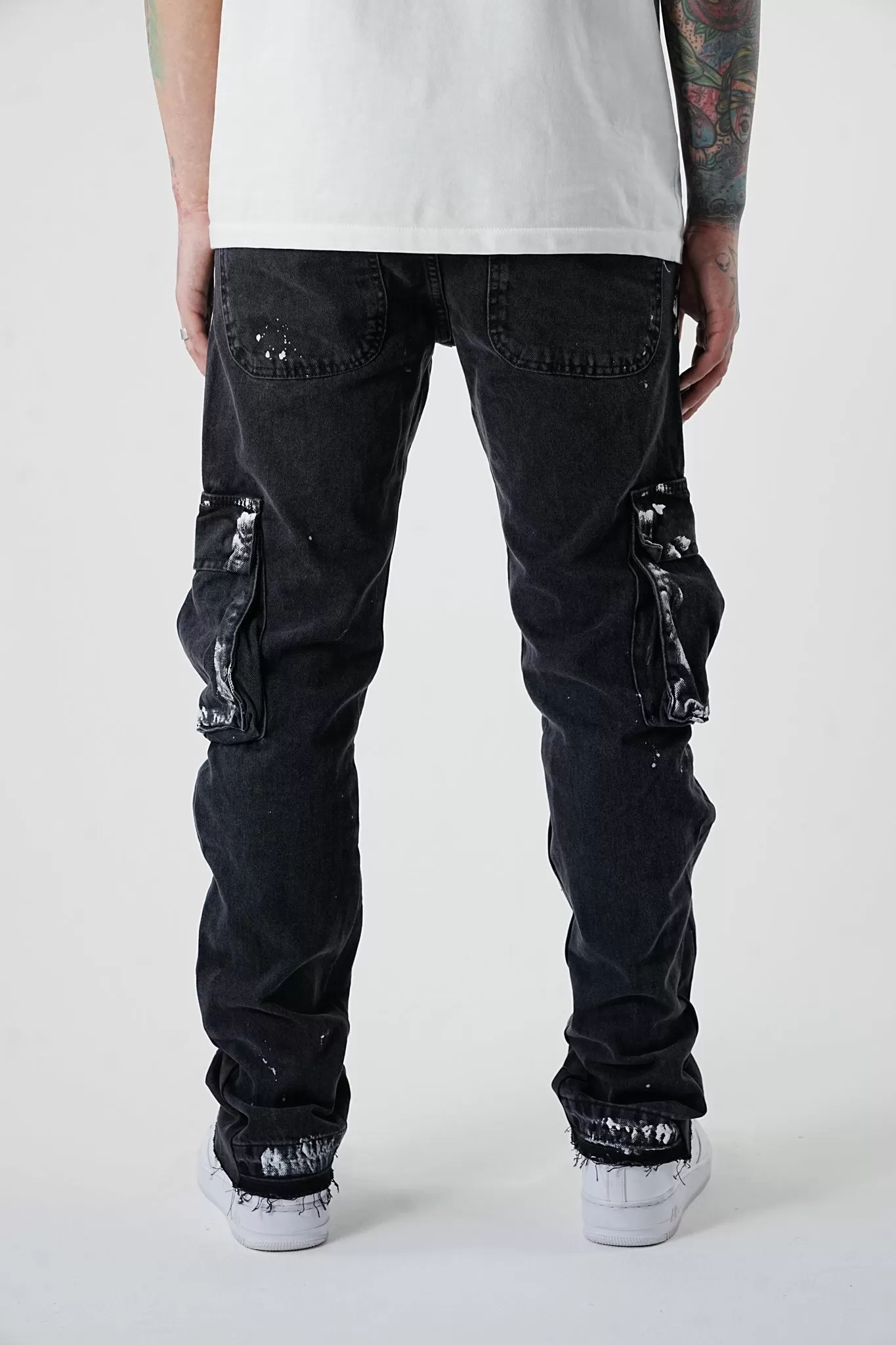 Premium Flared Painted Black Cargo Jeans