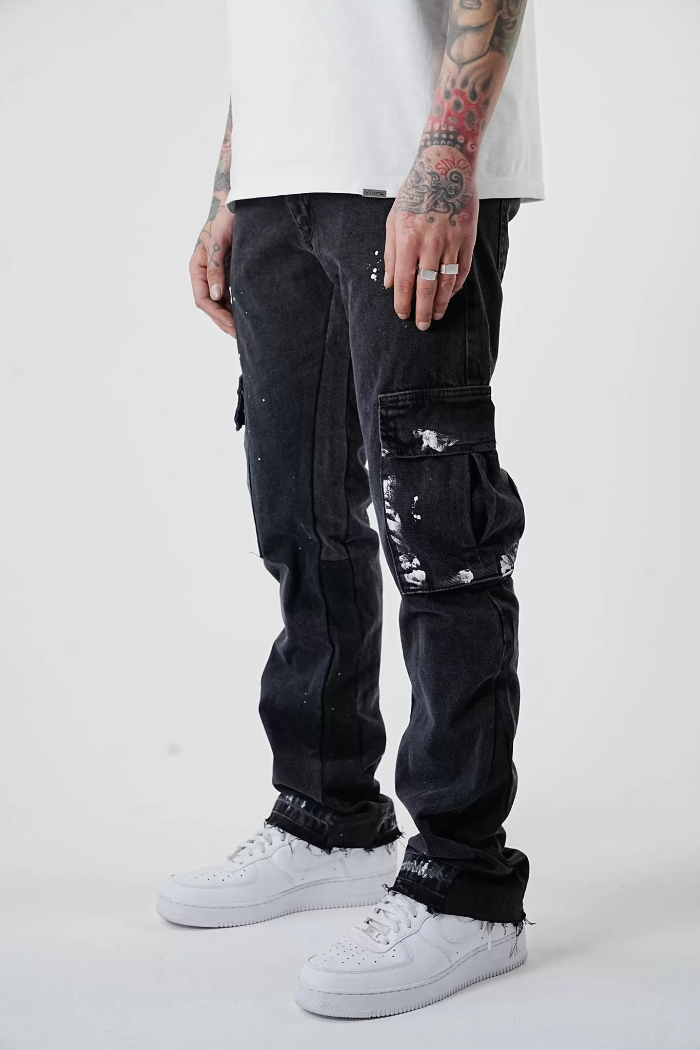 Premium Flared Painted Black Cargo Jeans