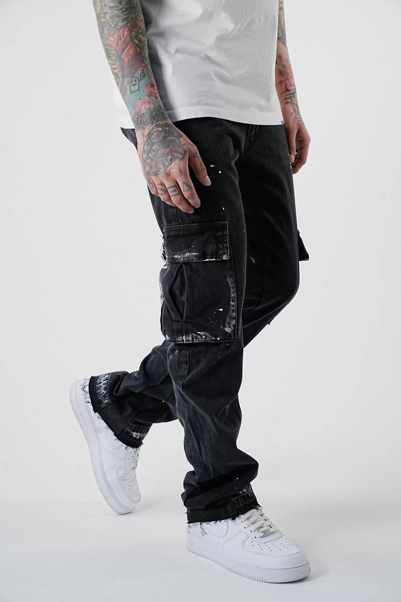 Premium Flared Painted Black Cargo Jeans