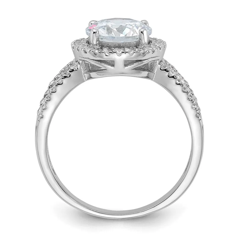 Rhodium-Plated Halo 8mm Center CZ Ring in Sterling Silver