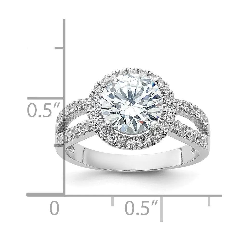 Rhodium-Plated Halo 8mm Center CZ Ring in Sterling Silver