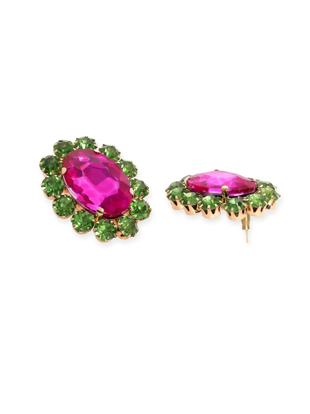 Rubans Voguish Enchanting Blossoms: Pink and Green AD Stud Earrings