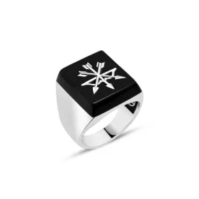 Square Black Onyx Stone with Arrow Symbol Silver Men's Ring