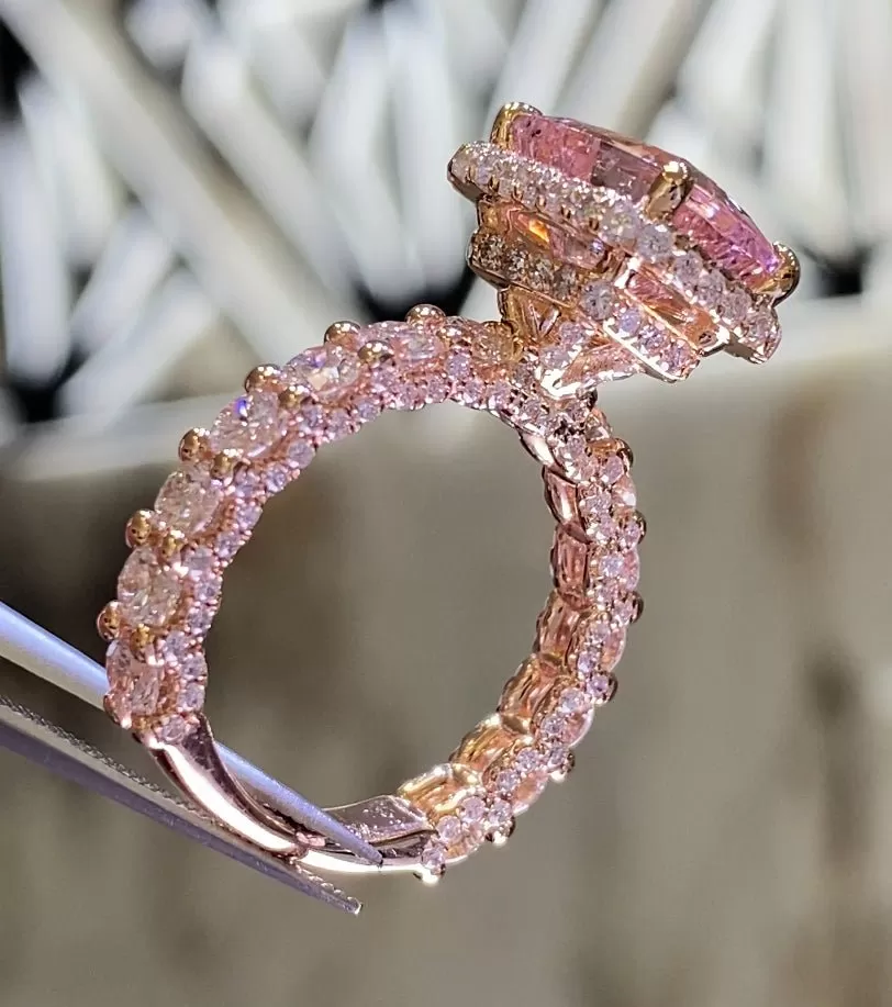 The Julia Engagement Ring 14K Rose Gold 2D Halo w/ Under Halo and Diamond U Prong Radiant Pink Morganite Engagement Set