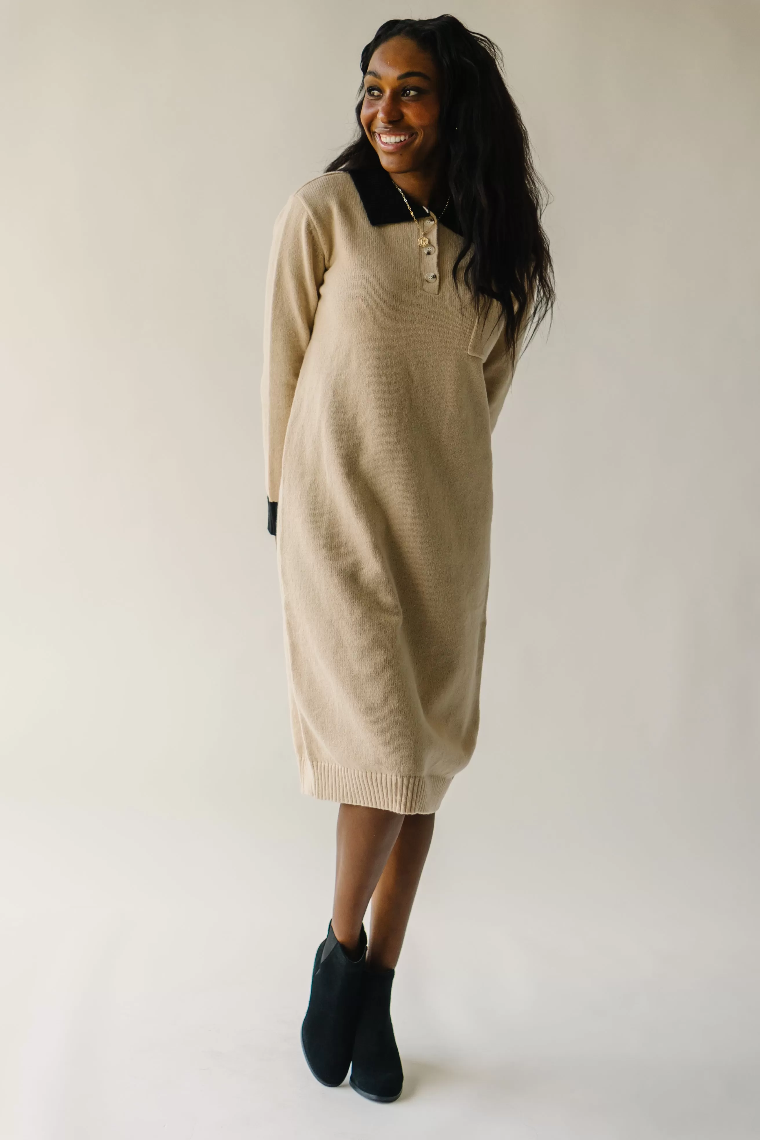 The Lismore Pocket Detail Sweater Dress in Tan