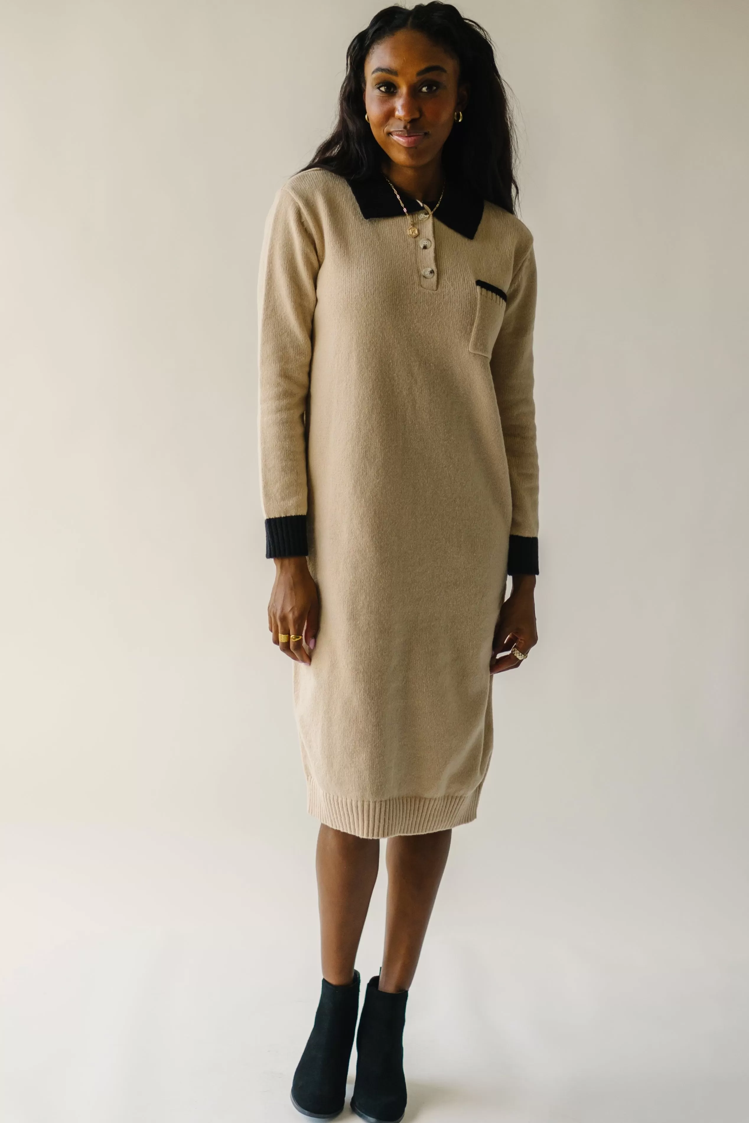 The Lismore Pocket Detail Sweater Dress in Tan