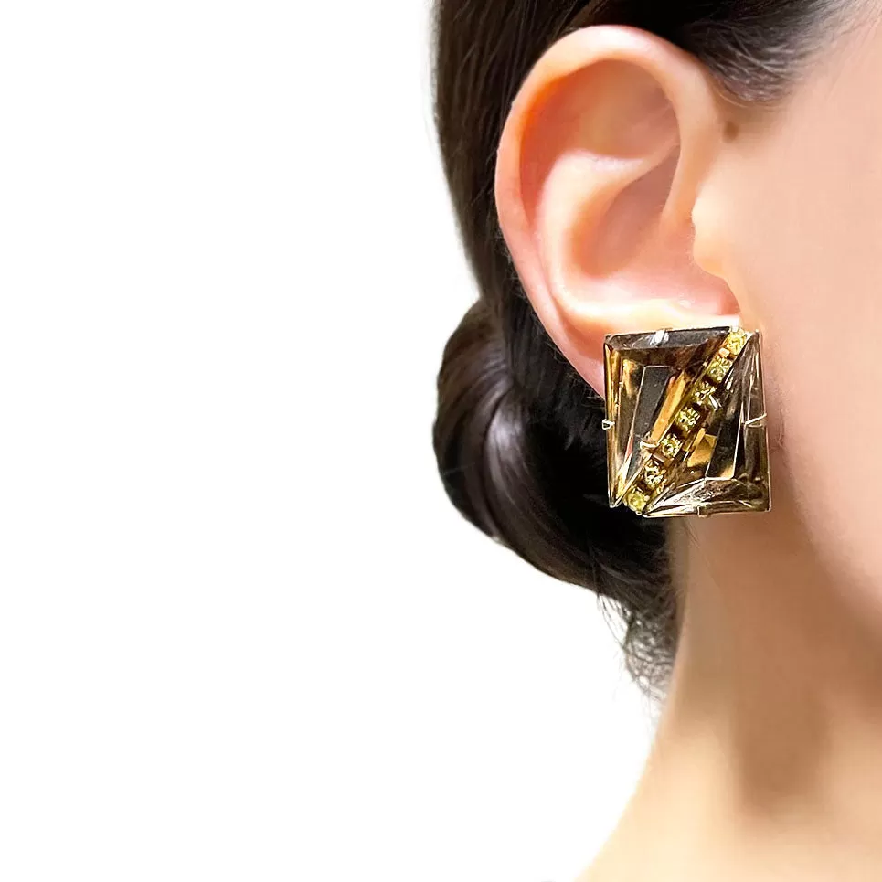 【USA輸入】ヴィンテージ スモーキー ブラウン スクエア ラインストーン イヤリング/Vintage Smoky Topaz Square Rhinestones Clip On Earrings