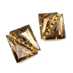 【USA輸入】ヴィンテージ スモーキー ブラウン スクエア ラインストーン イヤリング/Vintage Smoky Topaz Square Rhinestones Clip On Earrings