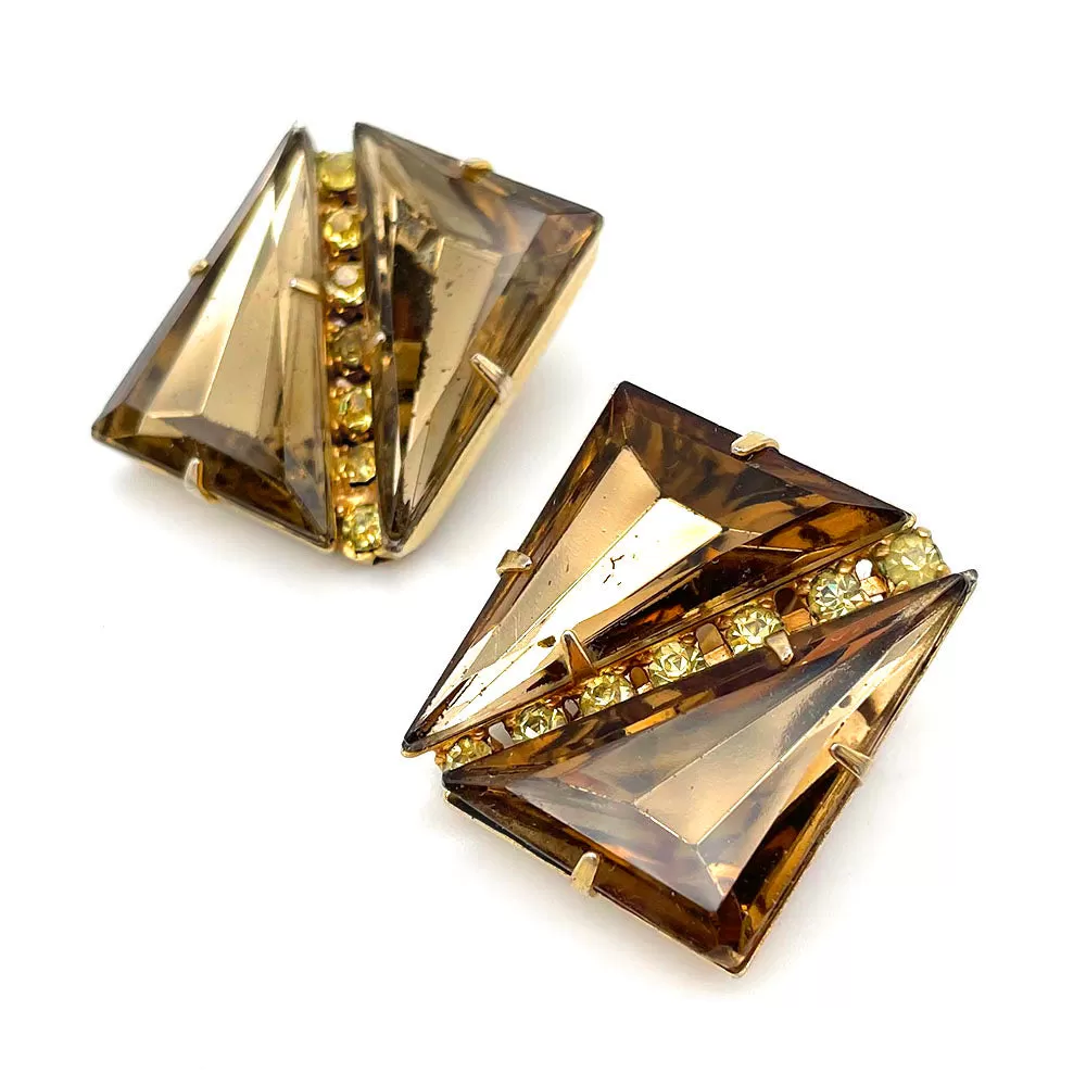 【USA輸入】ヴィンテージ スモーキー ブラウン スクエア ラインストーン イヤリング/Vintage Smoky Topaz Square Rhinestones Clip On Earrings