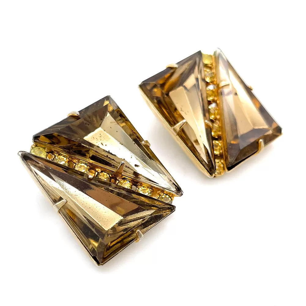 【USA輸入】ヴィンテージ スモーキー ブラウン スクエア ラインストーン イヤリング/Vintage Smoky Topaz Square Rhinestones Clip On Earrings