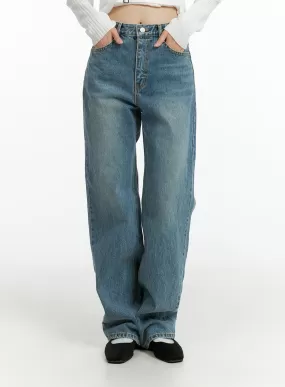 Washed Denim Straight Leg Jeans OF414