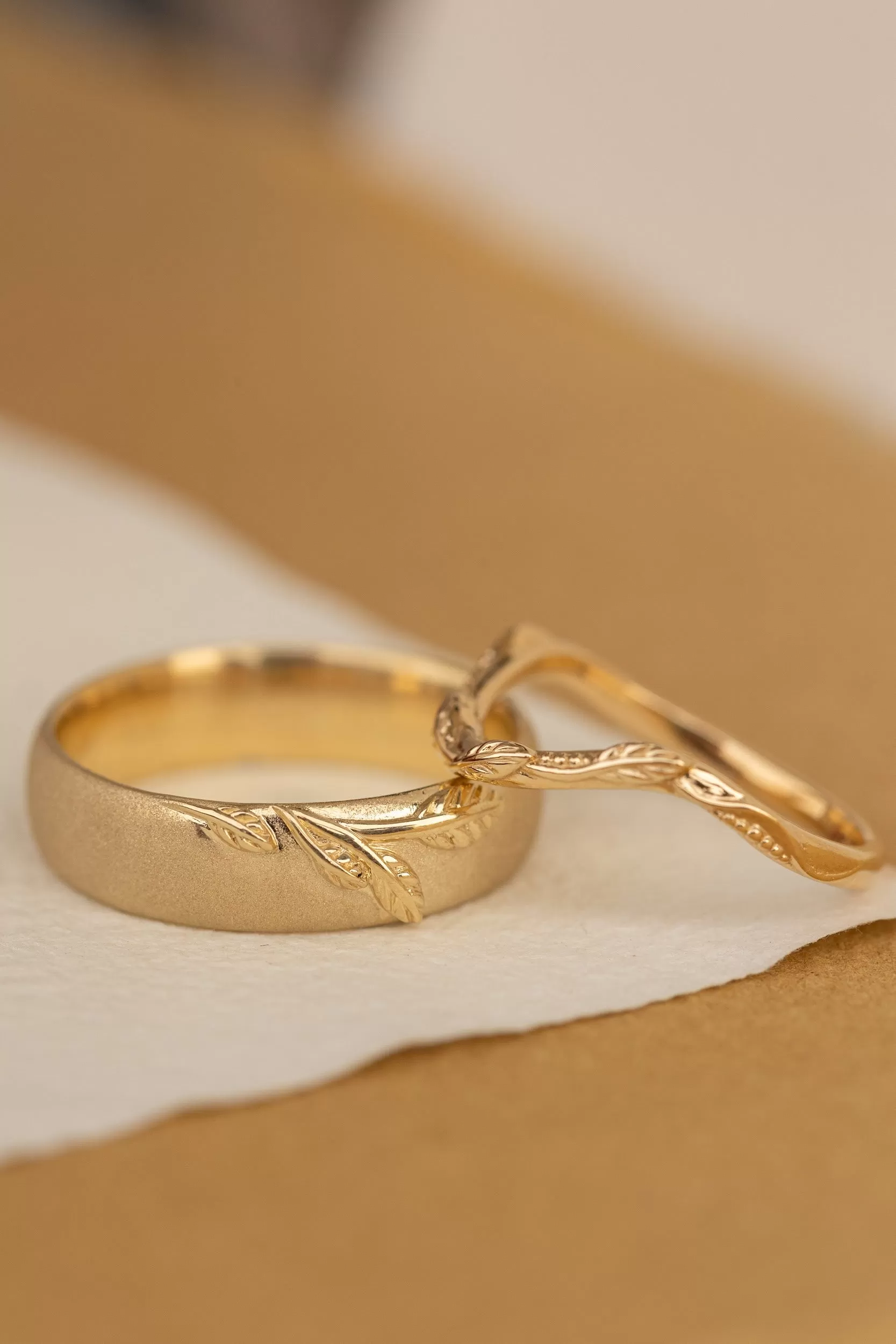 Wedding rings set for couples: satin band with branch for him, simple curved twig ring for her